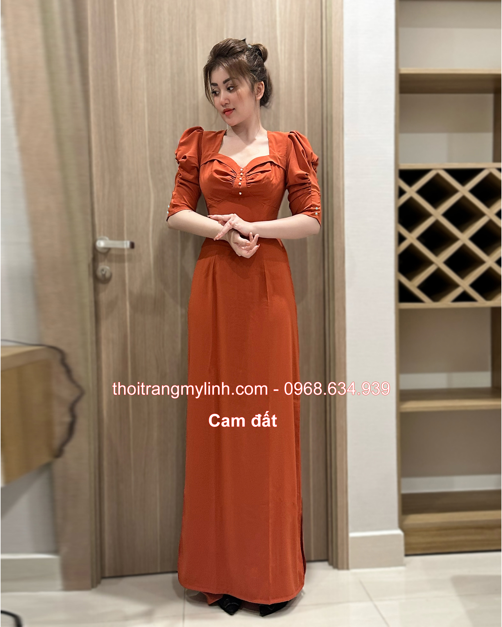 ÁO DÀI ĐÍNH NGỌC TRAI TAY PHỒNG, LỠ MÀU CAM ĐẤT